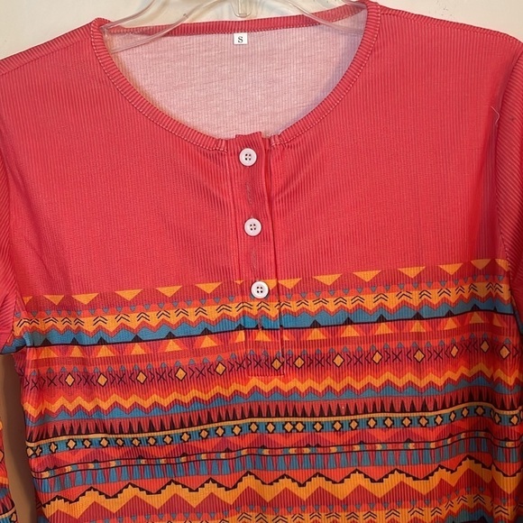 Bohemian Aztec Colorful Henley Pull Over Top - Picture 6 of 11